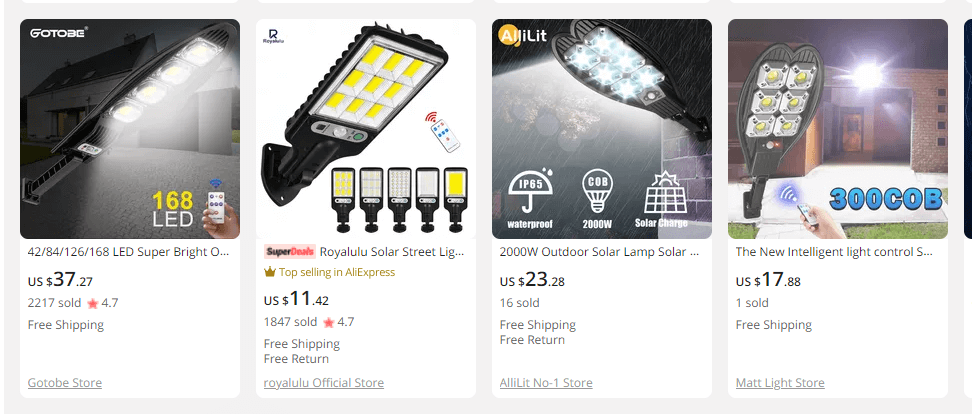 price of solar street lights on aliexpress